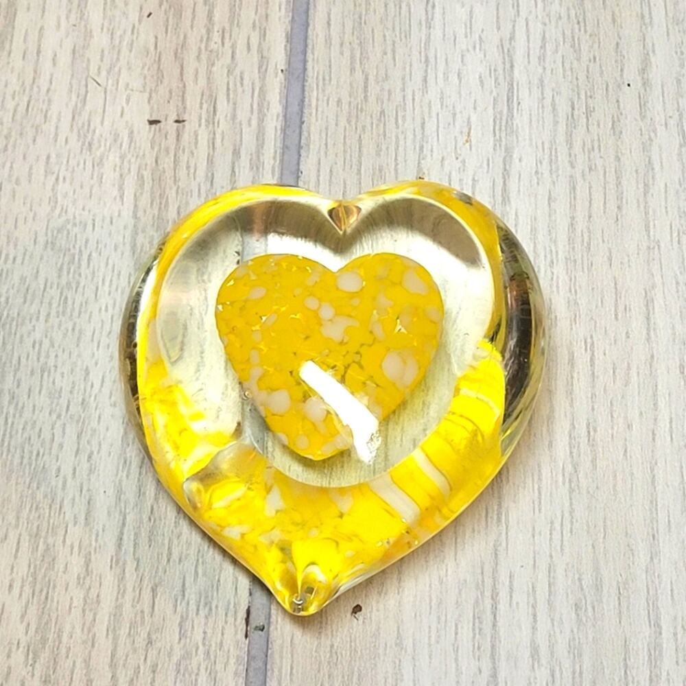 Vintage Yellow Heart Shaped Paperweight Art Glass Shelf Sitter